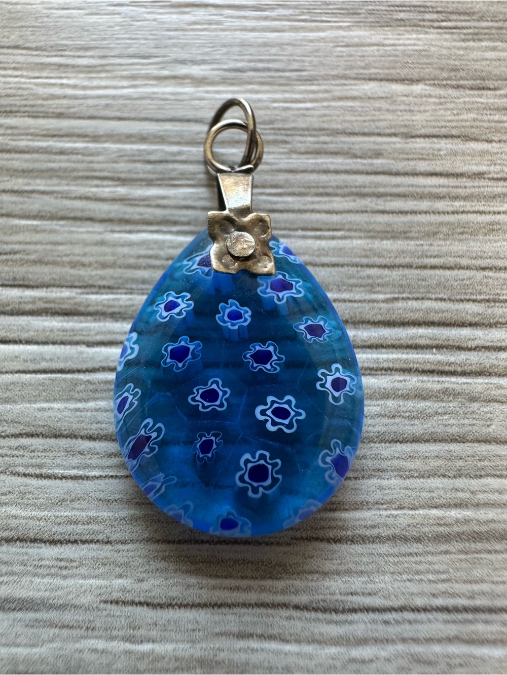 Vintage Murano Style Blue Millefiori Glass Teardrop Pendant Coastal Silver